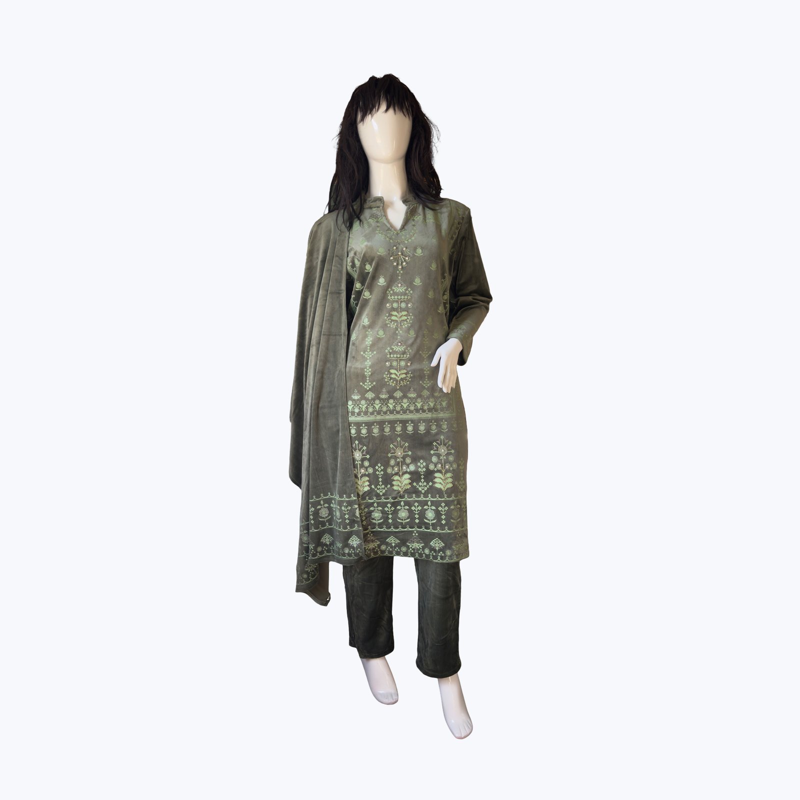 Ogsan Olive Green Velvet Embroidered Kurta Set